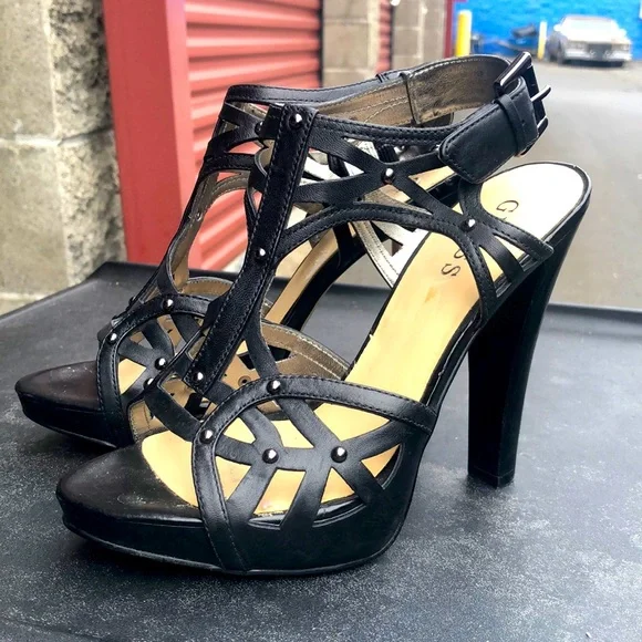 Guess Shoes Guess Womens Black Leather Platform Heels Shoes
